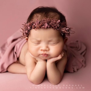 Ione SET dusty vintage mauve rose berries newborn flower crown bow headband halo photography prop and layer wrap