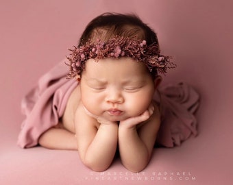 Ione SET dusty vintage mauve rose berries newborn flower crown bow headband halo photography prop and layer wrap
