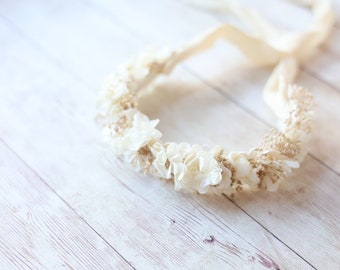 fiona cream dried flower crown babys breath neutral ivory organic dried floral tieback halo