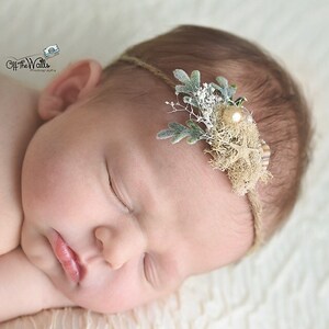 K&ouml;nnte beinhalten: Ein neugeborenes Baby-M&auml;dchen schl&auml;ft mit einem braunen und wei&szlig;en Blumen-Stirnband mit einem Perlen-Akzent.