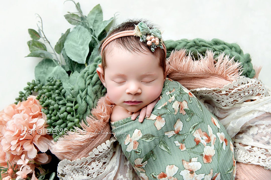 Eden SET Peach Sage Coral Newborn Headband Tieback Halo and Floral