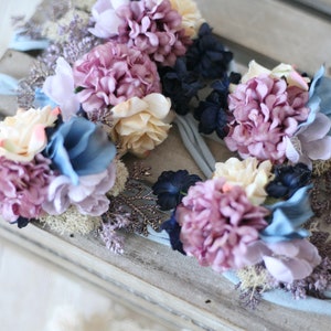 Mariel navy mauve lavender cream blues ocean inspired flower crown infant toddler newborn photography prop tieback headband