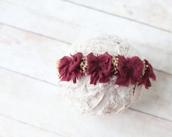 Marlaine simple lace and silk bow newborn headband tieback  halo photography prop waffle knit stretch wrap