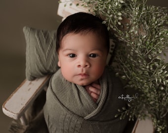 SET textured sweater olive knit sage dusty green seafoam newborn stretch wrap and pillow