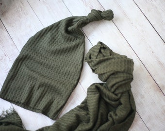 Carter army green newborn knotted knot sleepy cap newborn hat and waffle textured stretch wrap SET