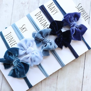 navy blue sky blue velvet bow newborn headband tieback halo