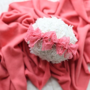 Ezra collection merino brushed sweater knit stretch newborn wrap posing fabric lace bow tieback