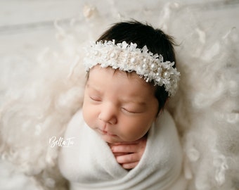 Vera lace beaded pearl ivory and gold newborn tieback photography prop headband bow