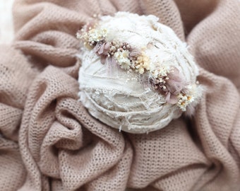 Sawyer cream taupe tan ivory newborn flower crown tieback headband ans sweater knit stretch wrap