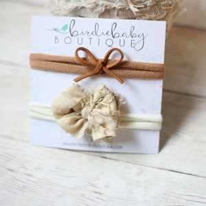 SET tan leather suede and ivory silk neutral boho bohemian tieback headband bow