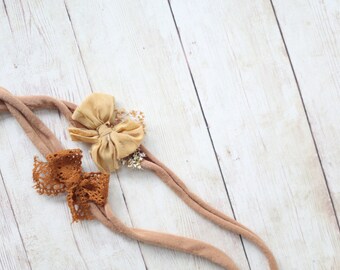 ready to ship SET heath tan mustard butterscotch neutral newborn headband tieback halo