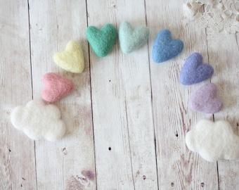 pastel rainbow felted wool hearts newborn photography prop clouds