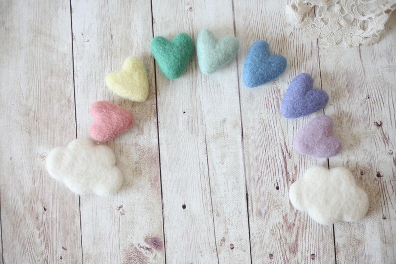 pastel rainbow felted wool hearts newborn photography prop clouds image 1