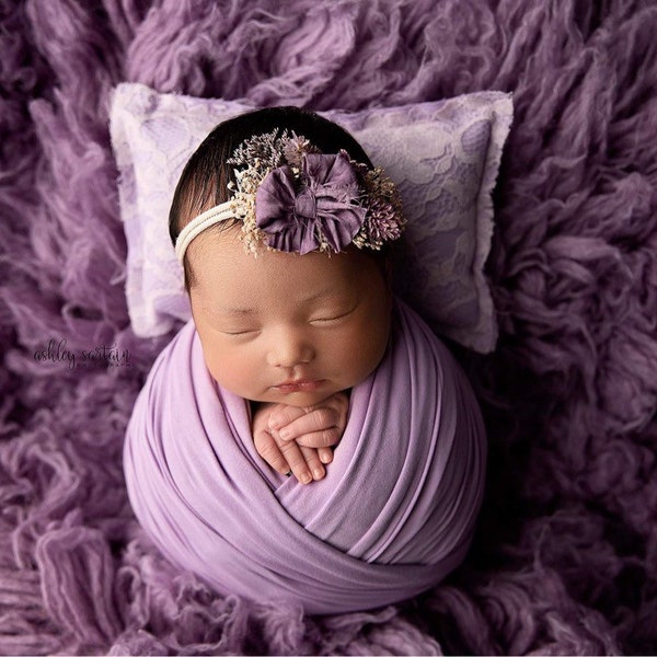 Presley SET lavender lilac babys breath dried floral newborn flower crown headband halo photography prop lace pillow stretch wrap