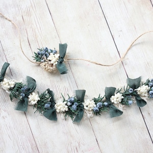 Corona di fiori per neonato, fiocco, cerchietto, alone, accessorio fotografico, pino Lyra, ginepro, crema, avorio, bacche