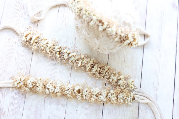 Dia  mini flower babys breath neutral ivory organic dried newborn flower crown tieback halo