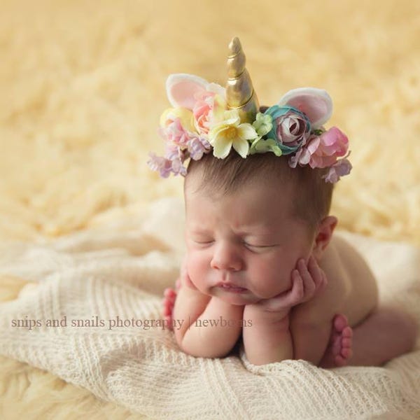 Althea - newborn infant unicorn horn pastel rainbow flower crown floral headband prop