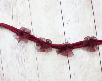 burgundy maroon mesh tulle simple bow newborn  tieback headband