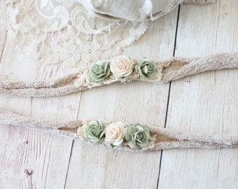 Side of Sage  ivory sage green flower rosette  bow neutral newborn headband tieback halo