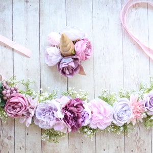 Mini Neveah mauve mini unicorn horn flower crown and flower necklace garland