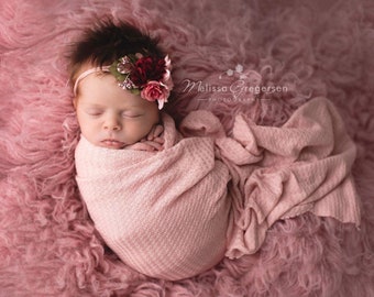 Bordeaux and Blush blush pink maroon burgundy and rose gold flower rosette newborn dainty headband tieback