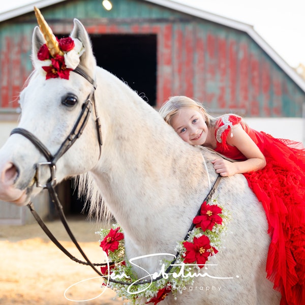 Yvette Christmas berry poinsettia red white gold  unicorn horn for horse pony flower clip