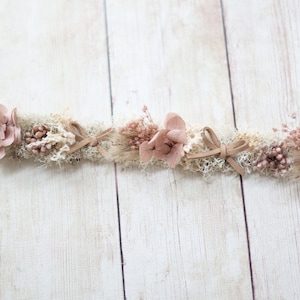 Vaeda boho neutral newborn flower crown taupe pampas tan dried floral tieback headband bow