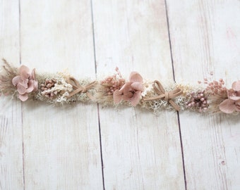 Vaeda boho neutral newborn flower crown taupe pampas tan dried floral tieback headband bow