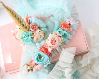 Horse unicorn horn, unicorn flower crown and bridle halter flowers and mane tail flowers  in blush pink coral aqua gold  photography prop
