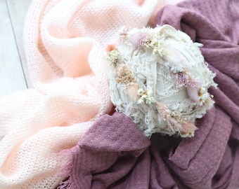 Marlie or Hadlie SET dried newborn flower crown mauve lavender purple stretch sweater knit wrap posing fabric