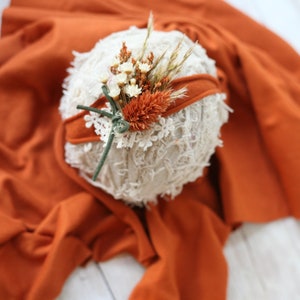 Judie SET fall pumpkin orange sage dried flower newborn silk bow tieback headband and jersey stretch wrap