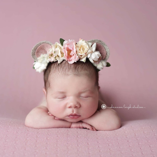 teddy blush and ivory silk flower bear ears halo newborn prop headband