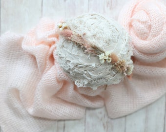 Hadlie SET dried newborn flower crown peach blush pink stretch sweater knit wrap posing fabric