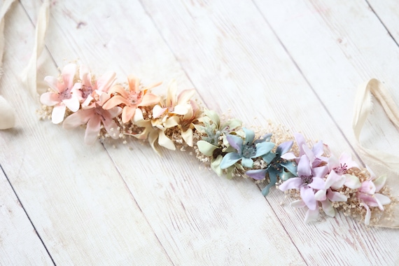 althea babys breath pastel rainbow flower crown headband tieback