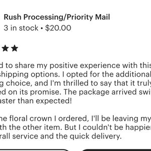 May include: A screenshot of an Etsy listing with a teal logo that says "make it quickly!". The listing is for "Rush Processing/Priority Mail". The listing has a five-star rating and a customer review about the shop's shipping.