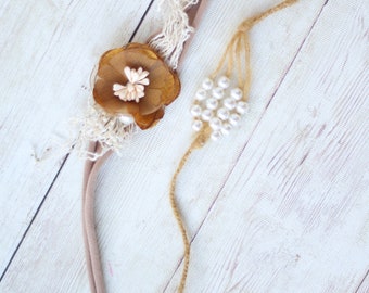 ready to ship SET tan mustard butterscotch neutral newborn headband tieback halo