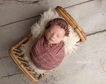Ione SET dusty vintage mauve purple newborn flower crown tieback and stretch wrap halo photography prop
