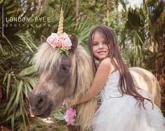 Celestia light pink flowers gold white unicorn horn and floral necklace garland for horse pony accessory photography prop