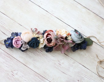 Mabel -- Kleinkind Kind Erwachsene verstellbare Blumenkrone marine mauve ivory grau Blumen Boho Haarband Halo