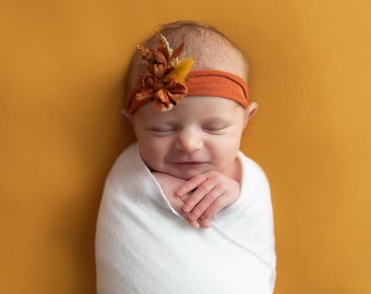 Judie SET fall pumpkin orange sage dried flower newborn silk bow tieback headband and jersey stretch wrap