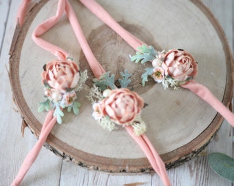 Sunset Song dusty coral rose mini peony vintage flower crown newborn headband halo photography prop session