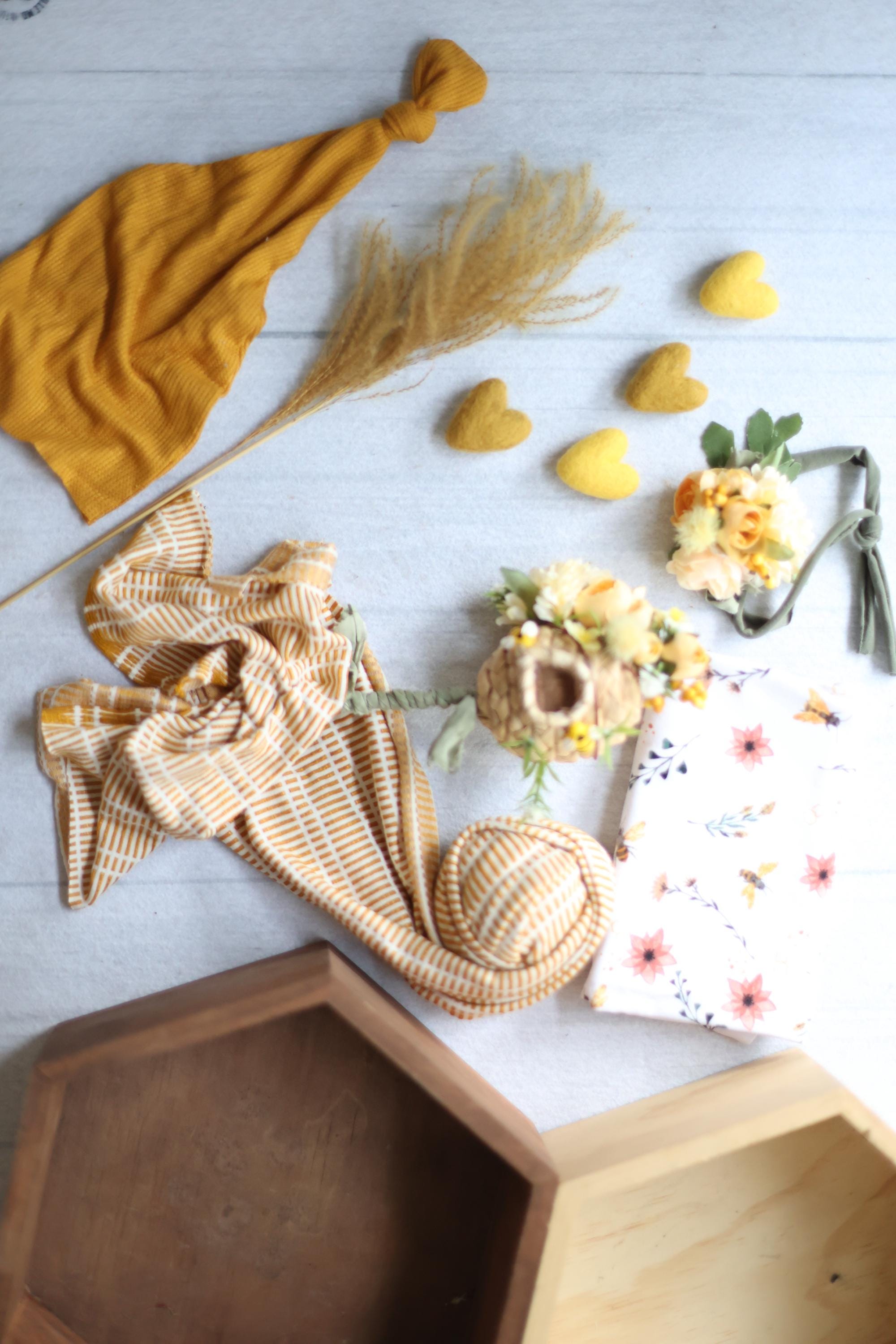 ready to ship bee theme newborn prop set stretch wrap, beehive, flower crown