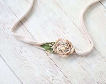 simple tan brown satin rosette neutral newborn headband tieback halo