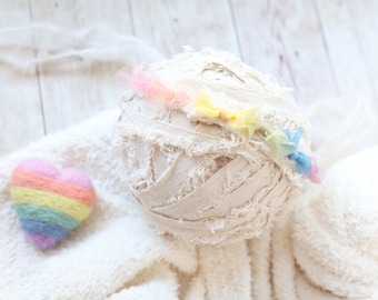 pastel rainbow tulle bow tieback halo felted wool heart prop and soft stretchy ivory wrap
