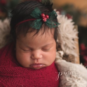 Callie christmas green lace simple bow red berry berries newborn tieback headband