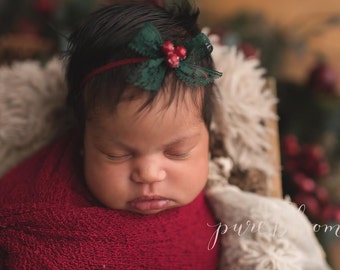 Callie christmas green lace simple bow red berry berries newborn tieback headband
