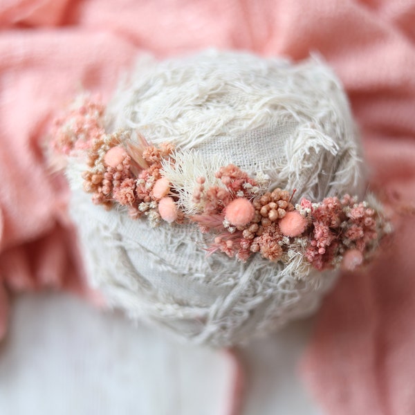 peach blossom  babys breath dried floral newborn flower crown tieback headband halo photography prop