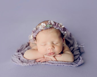 Viola lavender pastel purple rose newborn flower crown organic moss tieback photography prop