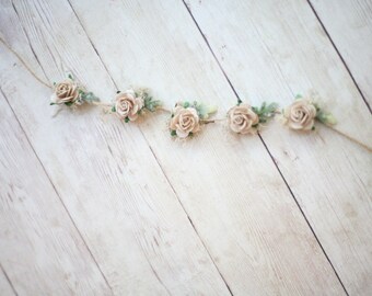 Lennon rose leaf twine nude tan neutral newborn tieback flower crown headband halo