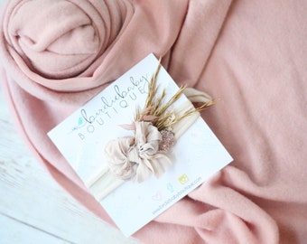 ready to ship SET mauve blush pink newborn flower crown boho bow headband tieback textured stretch wrap